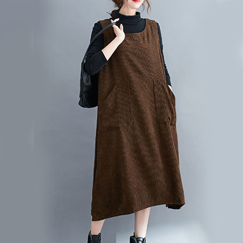 Commute Crew Neck Women's Sleeveless Cotton Corduroy Midi Dress With Pockets