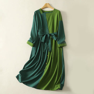 Breathable Cotton Color-Block Relaxed Midi Dress for Mindful Living