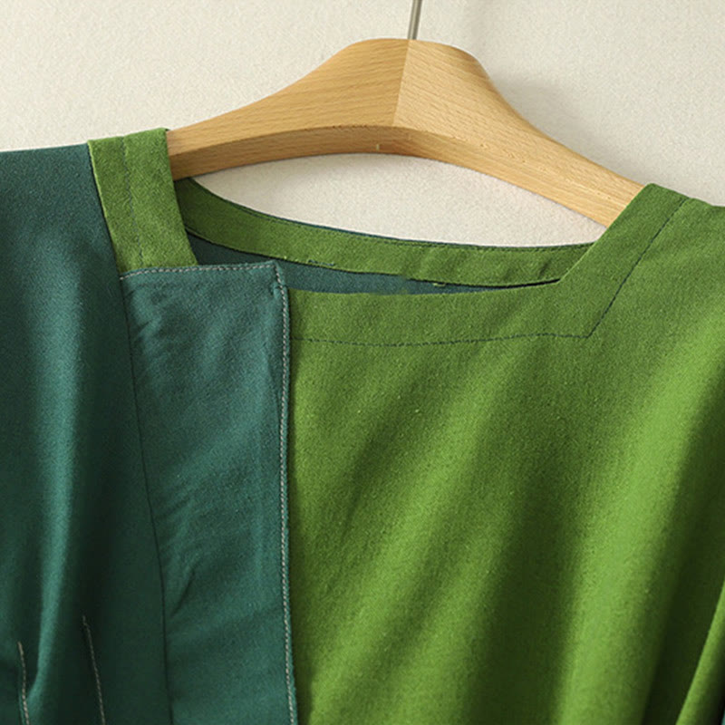 Breathable Cotton Color-Block Relaxed Midi Dress for Mindful Living