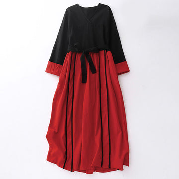 Breathable Color-Block Lace-Up Grounding Midi Dress