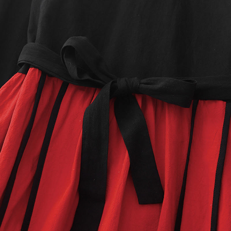 Breathable Color-Block Lace-Up Grounding Midi Dress