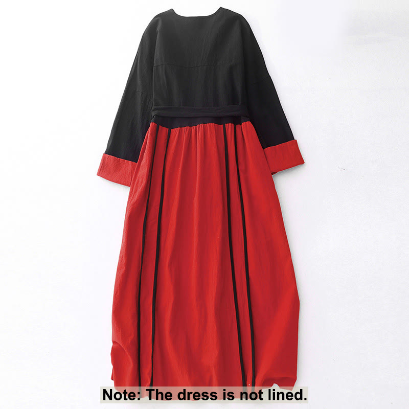 Breathable Color-Block Lace-Up Grounding Midi Dress