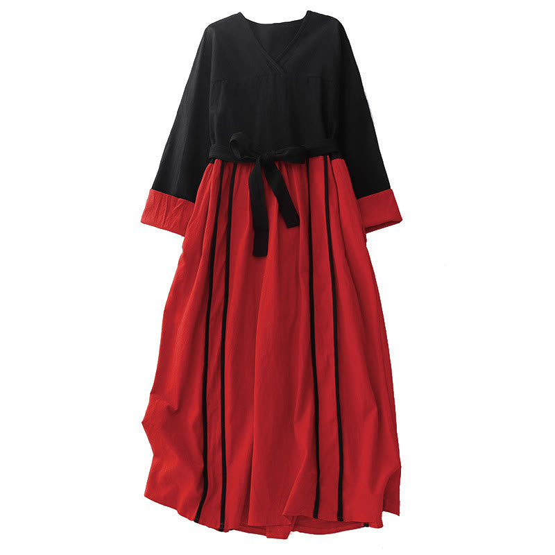 Breathable Color-Block Lace-Up Grounding Midi Dress
