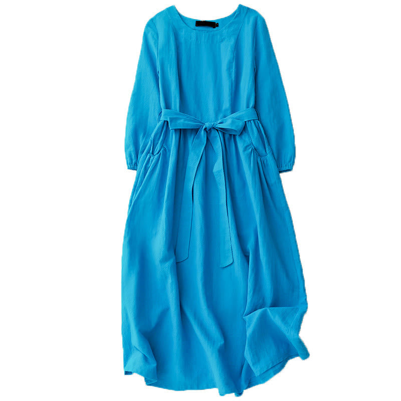 Breathable Cotton Long-Sleeve Lace-Up Mindful Midi Dress with Pockets