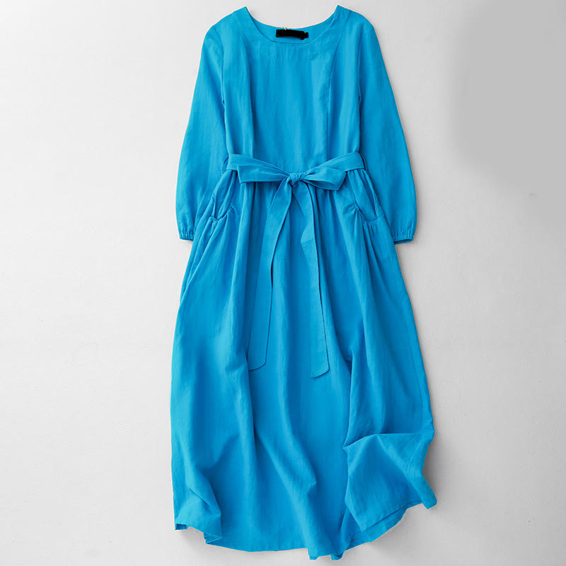 Breathable Cotton Long-Sleeve Lace-Up Mindful Midi Dress with Pockets