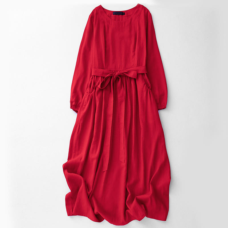 Breathable Cotton Long-Sleeve Lace-Up Mindful Midi Dress with Pockets
