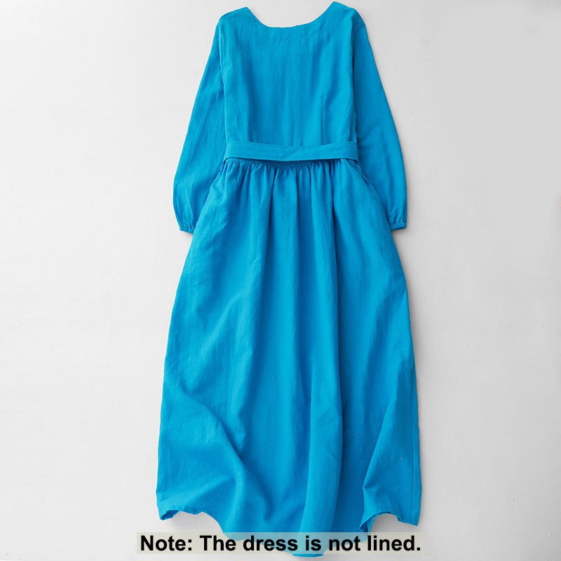 Breathable Cotton Long-Sleeve Lace-Up Mindful Midi Dress with Pockets