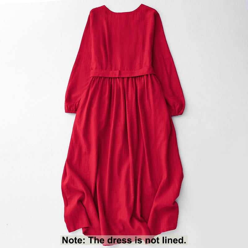 Breathable Cotton Long-Sleeve Lace-Up Mindful Midi Dress with Pockets