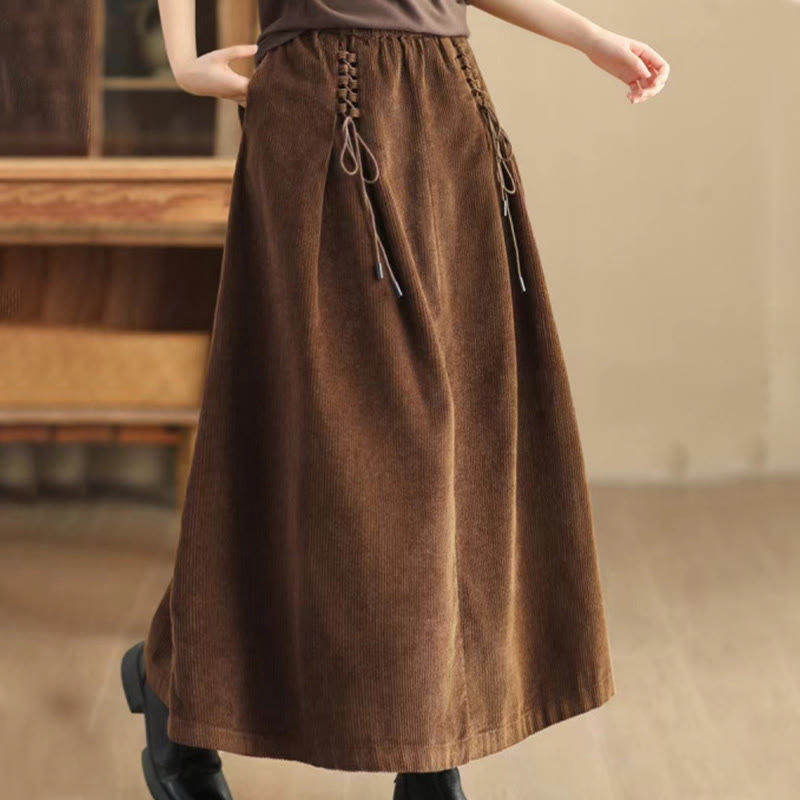 Women's Plain Cotton Corduroy 7-8 Length Skirt With Pockets
