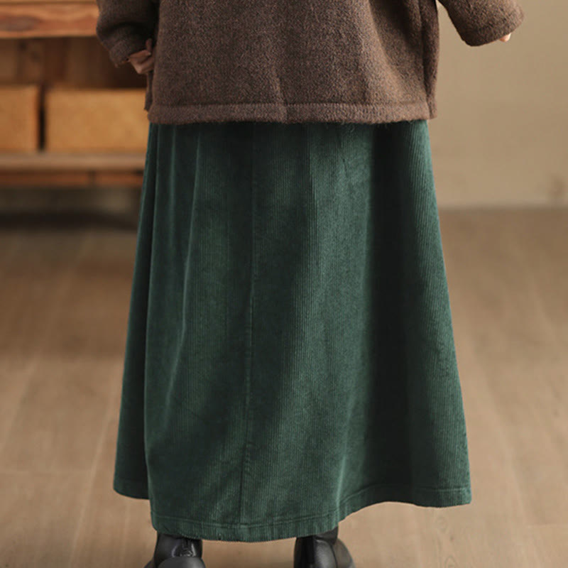 Women's Plain Cotton Corduroy 7-8 Length Skirt With Pockets