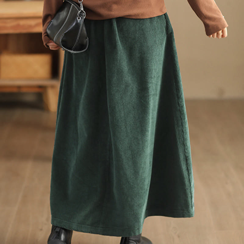 Women's Plain Cotton Corduroy 7-8 Length Skirt With Pockets