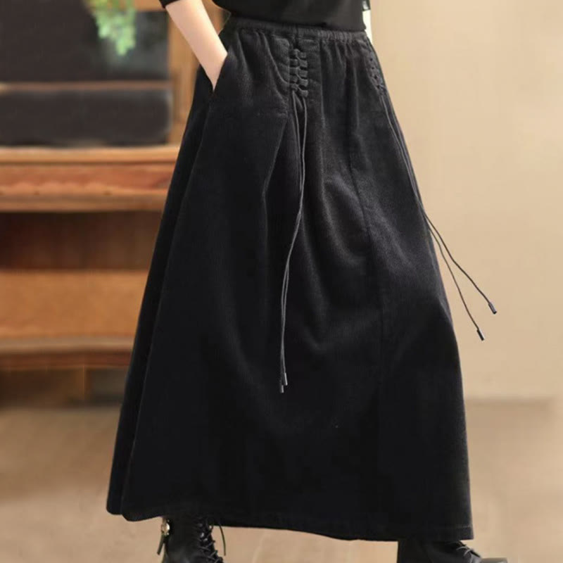 Women's Plain Cotton Corduroy 7-8 Length Skirt With Pockets