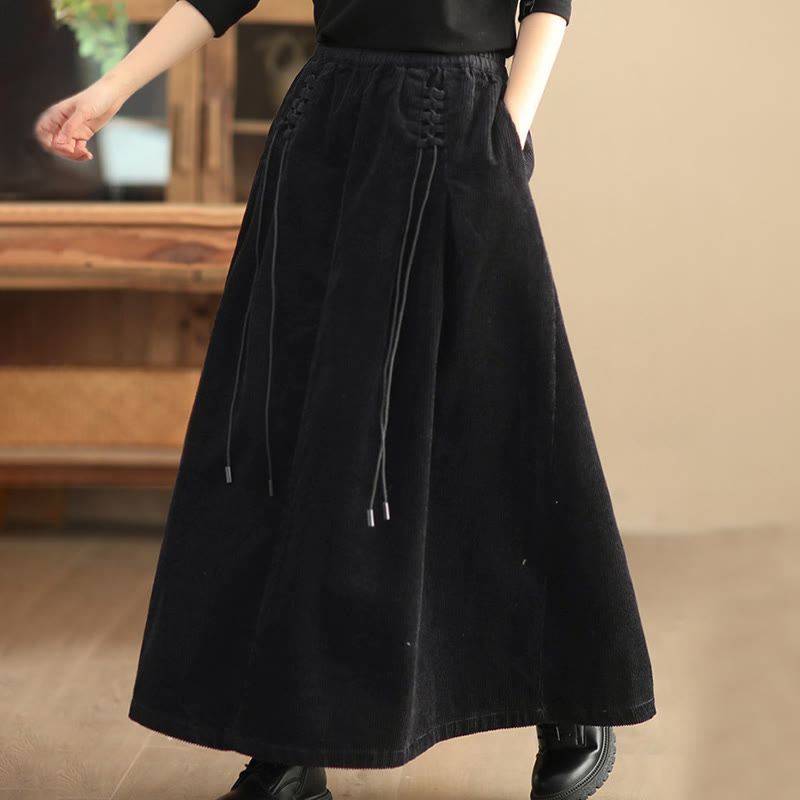 Women's Plain Cotton Corduroy 7-8 Length Skirt With Pockets