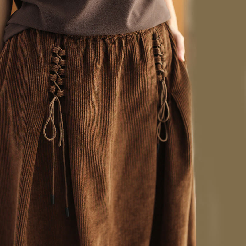 Women's Plain Cotton Corduroy 7-8 Length Skirt With Pockets