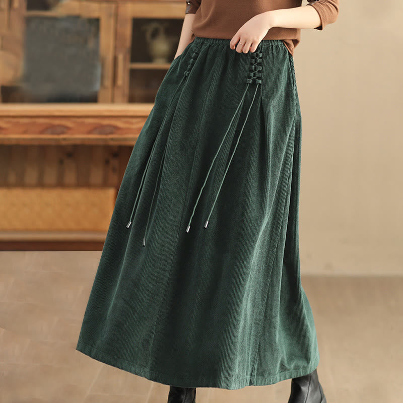 Women's Plain Cotton Corduroy 7-8 Length Skirt With Pockets