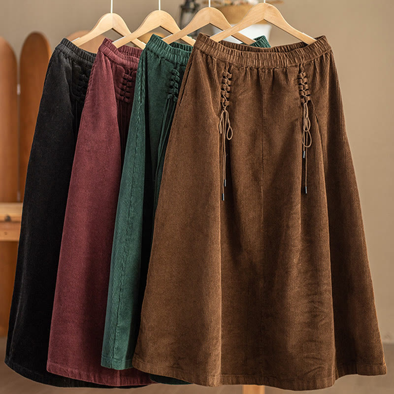 Women's Plain Cotton Corduroy 7-8 Length Skirt With Pockets