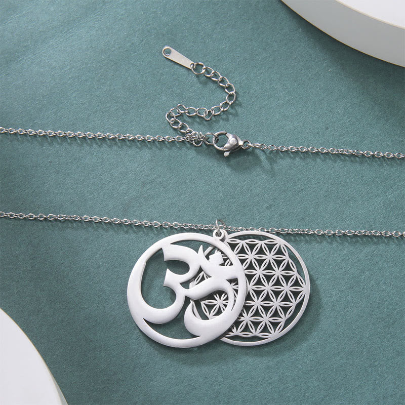 Om Symbol Hollow Flower Design Stainless Steel Connection Necklace Pendant