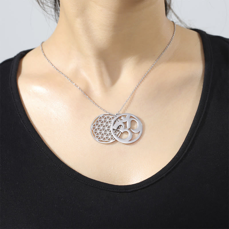 Om Symbol Hollow Flower Design Stainless Steel Connection Necklace Pendant