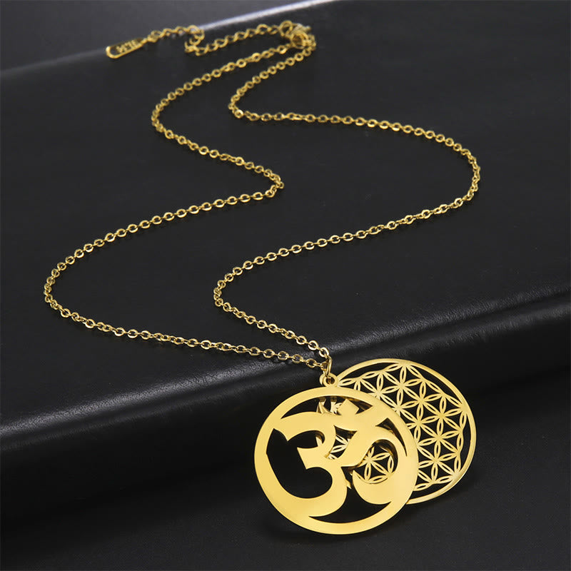 Om Symbol Hollow Flower Design Stainless Steel Connection Necklace Pendant
