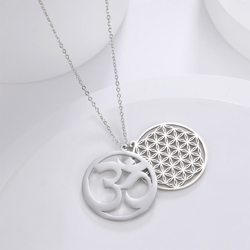 Om Symbol Hollow Flower Design Stainless Steel Connection Necklace Pendant