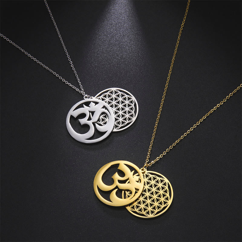 Om Symbol Hollow Flower Design Stainless Steel Connection Necklace Pendant