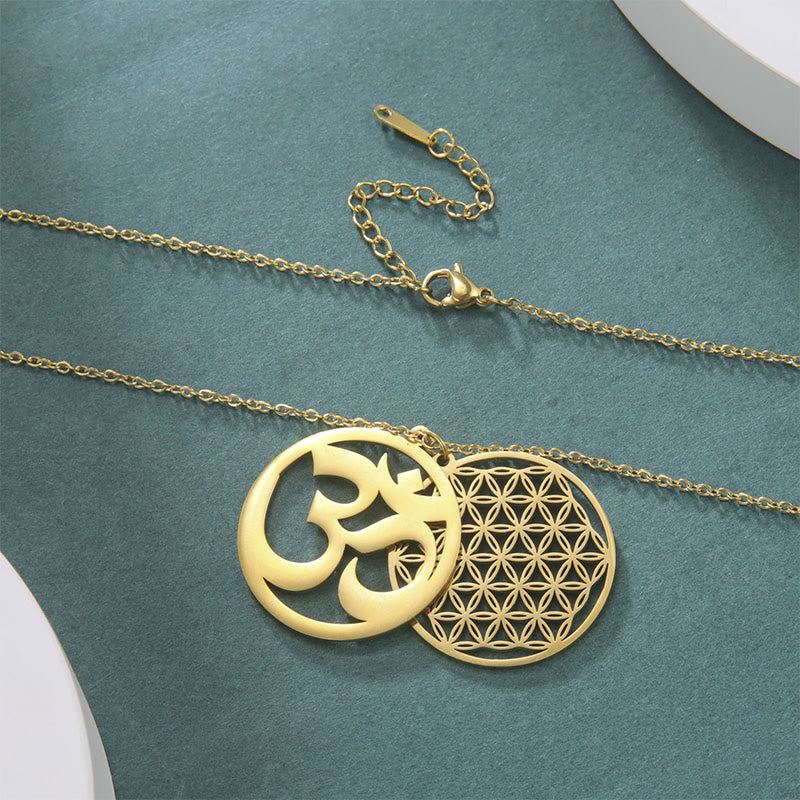 Om Symbol Hollow Flower Design Stainless Steel Connection Necklace Pendant