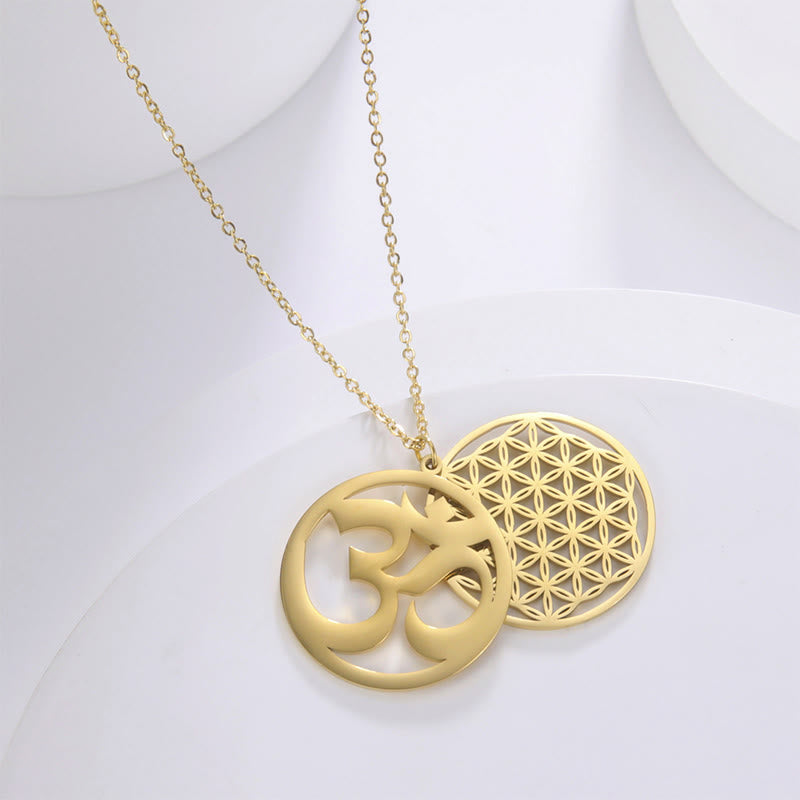 Om Symbol Hollow Flower Design Stainless Steel Connection Necklace Pendant