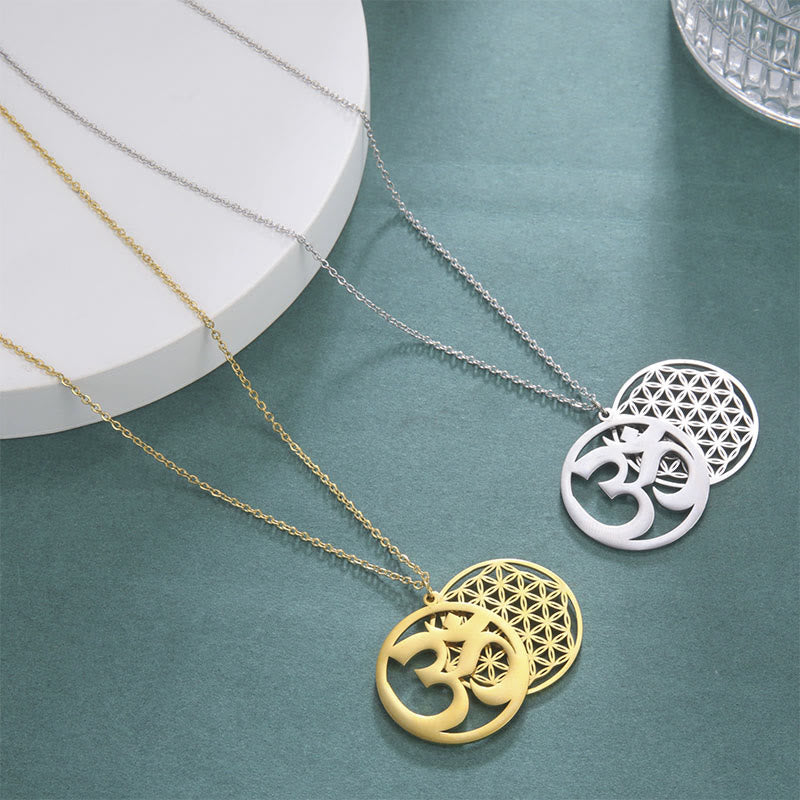 Om Symbol Hollow Flower Design Stainless Steel Connection Necklace Pendant