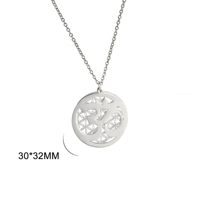 Om Symbol Hollow Flower Design Stainless Steel Connection Necklace Pendant
