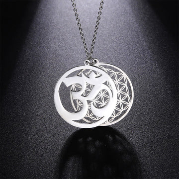 Om Symbol Hollow Flower Design Stainless Steel Connection Necklace Pendant