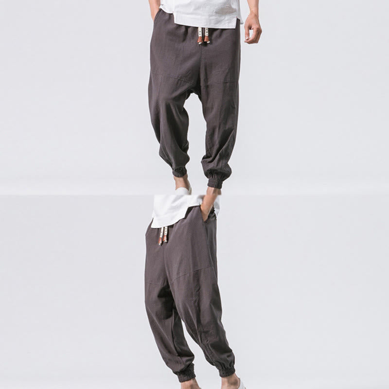 Men's Plain Simple Drawstring Design Cotton Harem Pants With Pockets