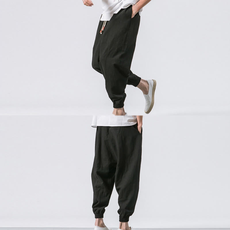 Men's Plain Simple Drawstring Design Cotton Harem Pants With Pockets