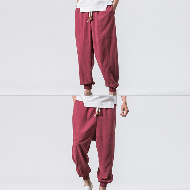 Men's Plain Simple Drawstring Design Cotton Harem Pants With Pockets