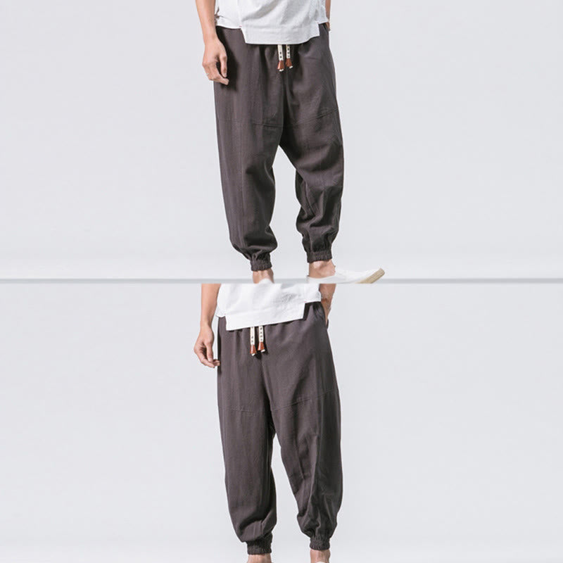 Men's Plain Simple Drawstring Design Cotton Harem Pants With Pockets