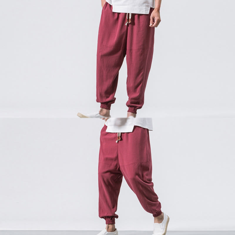 Men's Plain Simple Drawstring Design Cotton Harem Pants With Pockets
