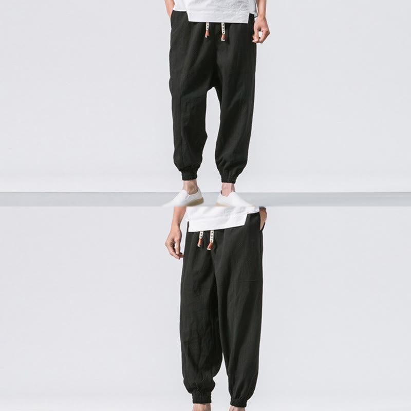 Men's Plain Simple Drawstring Design Cotton Harem Pants With Pockets