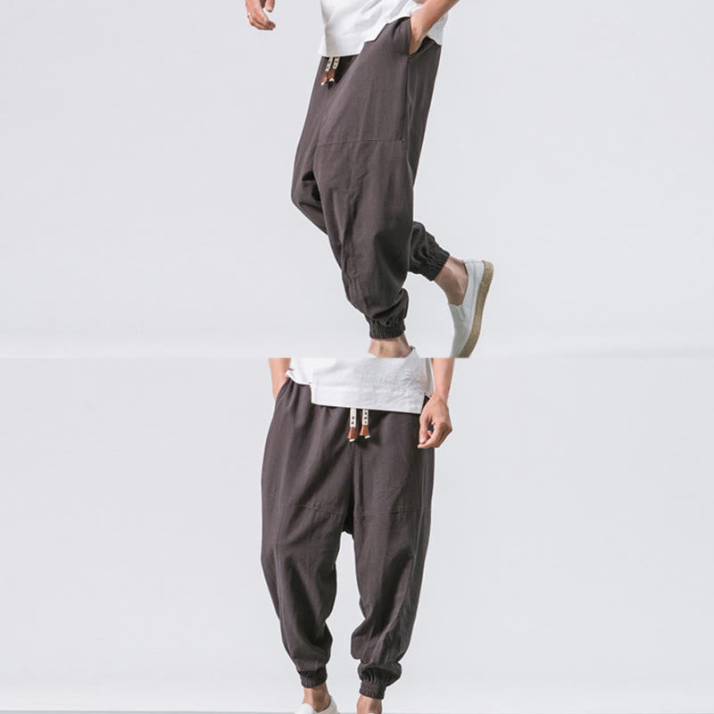 Men's Plain Simple Drawstring Design Cotton Harem Pants With Pockets