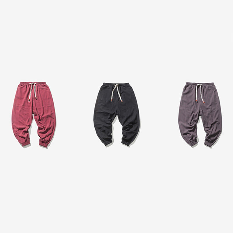 Men's Plain Simple Drawstring Design Cotton Harem Pants With Pockets