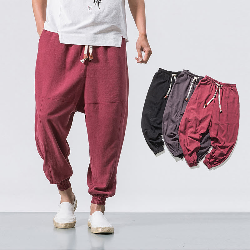 Men's Plain Simple Drawstring Design Cotton Harem Pants With Pockets
