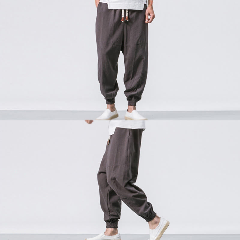 Men's Plain Simple Drawstring Design Cotton Harem Pants With Pockets
