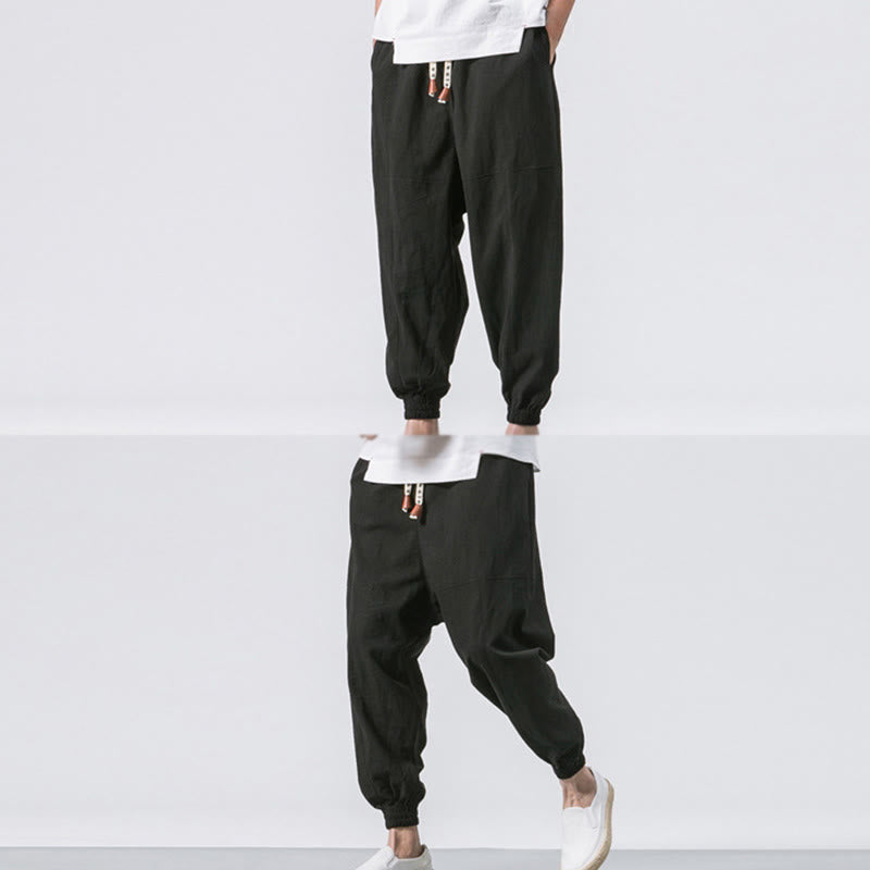 Men's Plain Simple Drawstring Design Cotton Harem Pants With Pockets