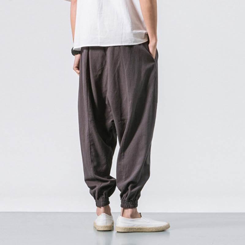 Men's Plain Simple Drawstring Design Cotton Harem Pants With Pockets