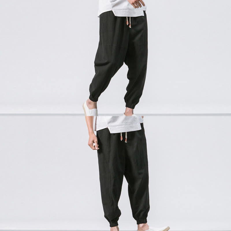 Men's Plain Simple Drawstring Design Cotton Harem Pants With Pockets