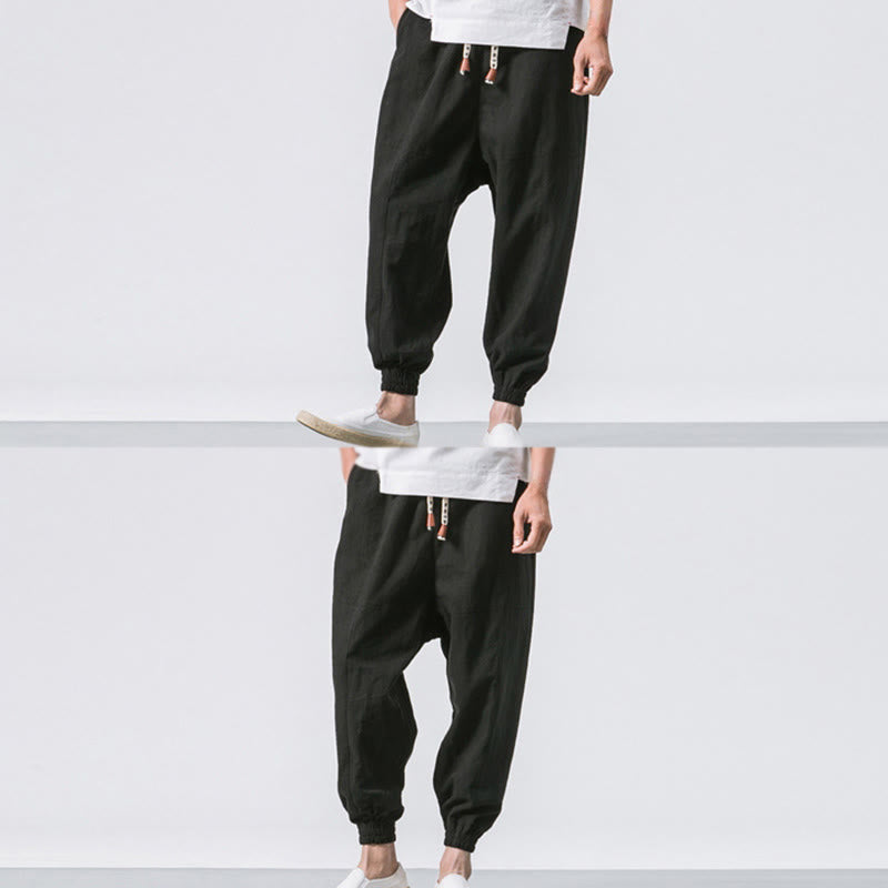 Men's Plain Simple Drawstring Design Cotton Harem Pants With Pockets