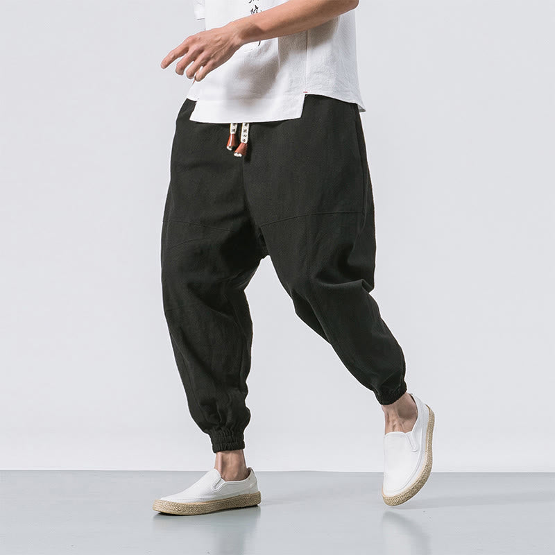 Men's Plain Simple Drawstring Design Cotton Harem Pants With Pockets