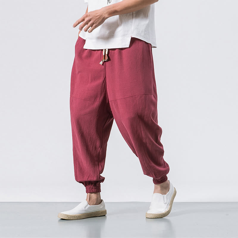 Men's Plain Simple Drawstring Design Cotton Harem Pants With Pockets