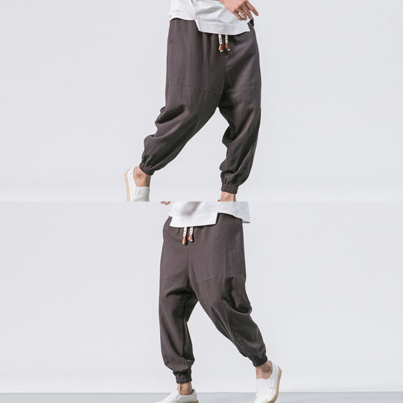 Men's Plain Simple Drawstring Design Cotton Harem Pants With Pockets
