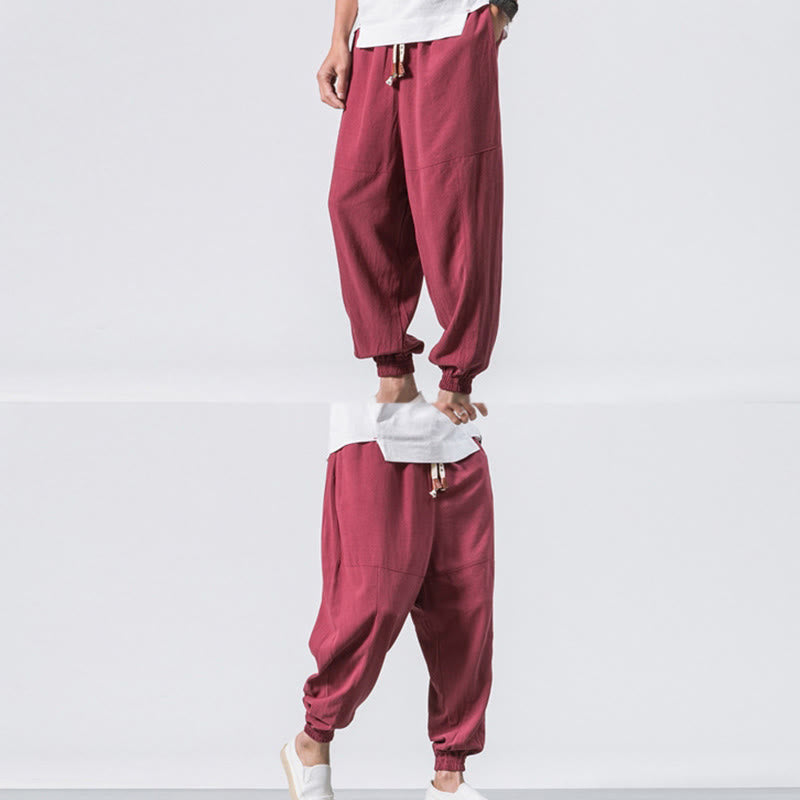 Men's Plain Simple Drawstring Design Cotton Harem Pants With Pockets