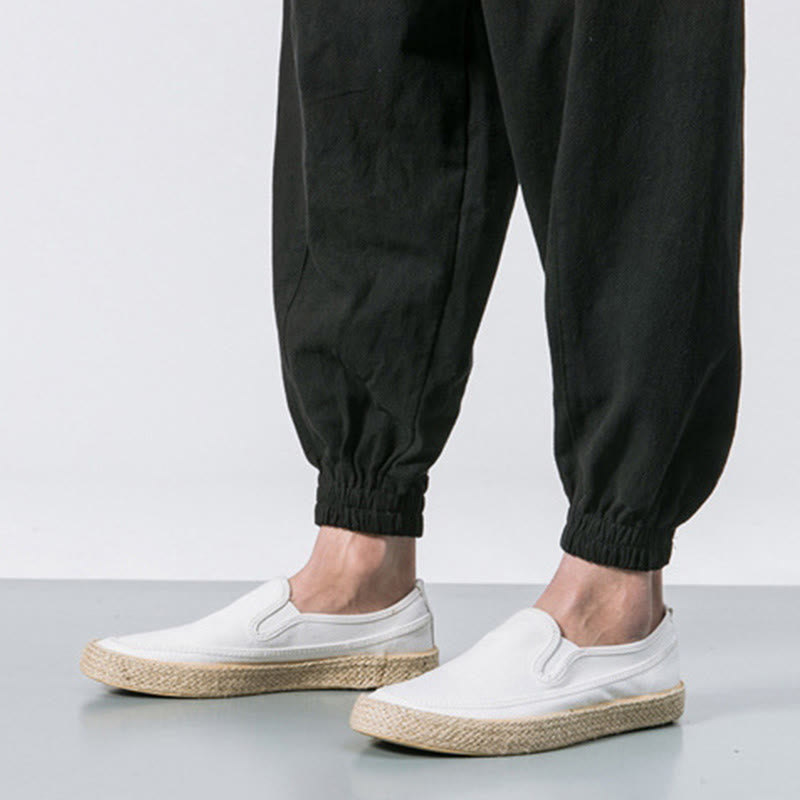 Men's Plain Simple Drawstring Design Cotton Harem Pants With Pockets