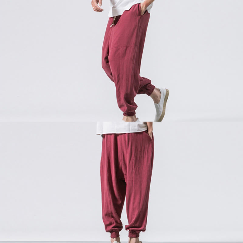 Men's Plain Simple Drawstring Design Cotton Harem Pants With Pockets
